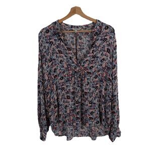 Lucky Brand V-Neck Blouse Large Floral Print Tunic Boho Peasant Flowy Viscose
